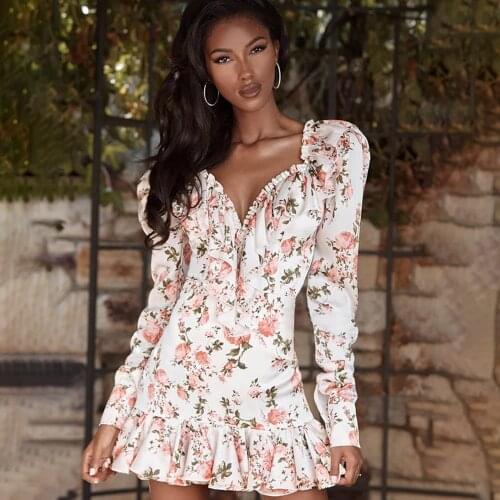 Boho Ruffled Women Sexy V-neck Floral Dress Bohemian Style Long Puff Sleeve Ruffle Hem Sheath Beach Mini Dress Sundress