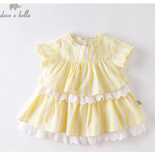 DB13629 dave bella summer baby girls cute striped draped dress children fashion party dress kids infant lolita clothes