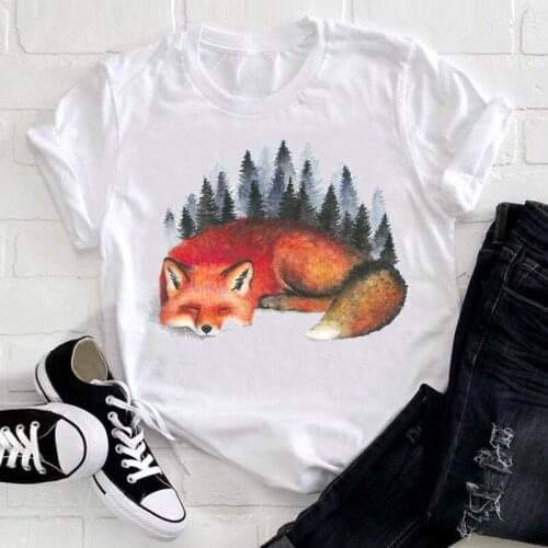 FIXSYS Fox Printing Clothing Women Short Sleeve Korean Style Trend Animal Clothes Ladies Graphic Print Tee Top Female Tshirt