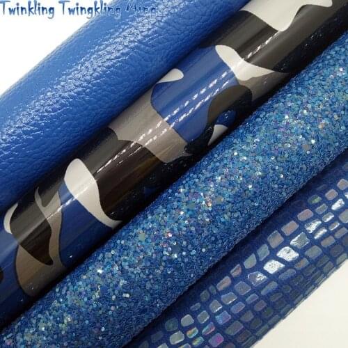 Blue Glitter leather Camouflage printed Synthetic Leather, Crocodile Faux Leather Sheets For Bow A4 21x29CM Twinkling Ming KM242