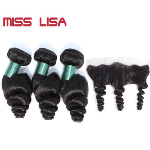 MISS LISA Loose Wave Bundles With 13*4 Lace Frontal Non-Remy Peruvian Human Hair Weave Bundles With Frontal Hair Extension
