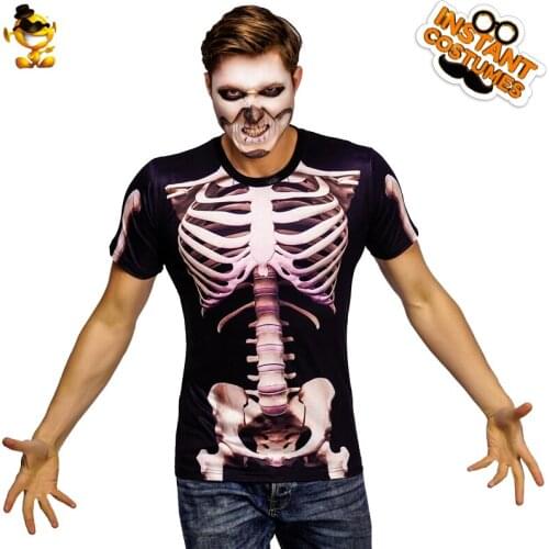 Halloween Cosplay Men 3D Skeleton Costume Christmas Adult Dress Up Terror Skull Short Sleeve with Carnival Printing Black Top