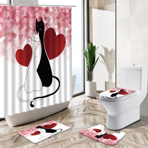 Black White Cat Love Print Shower Curtain Set Cartoon Couple Animal Pink Romantic Bathroom Non-Slip Pedestal Rug Toilet Cover
