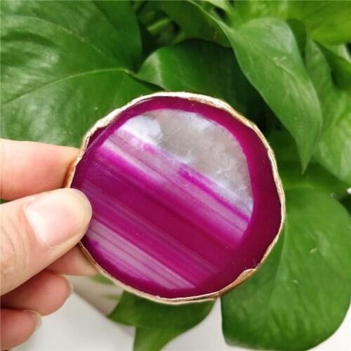 Natural Raw Agate Red Dyed Crystal Slice With Gold Trim Coaster Gilded Edge Ornaments Cup Holder