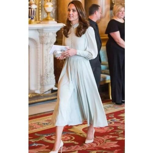 New Kate Middleton Princess Chiffon dress vintage elegant Lantern Sleeve long Pleated dresses 4125