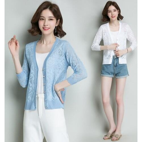 New Summer Lady Fashion Hollow Knitwear Cardigan Elegant Female Hollow Knit Thin Cardigan V-neck Free Shipping