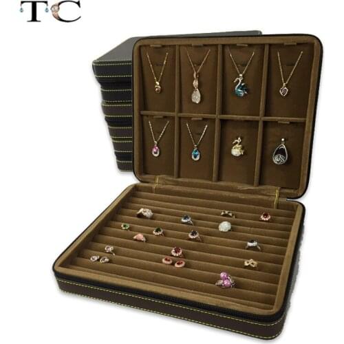 High Quality Jewelry Storage Box Zipper Organizer Necklace Pendant Holder Ring Leather Velvet Case Business Travel