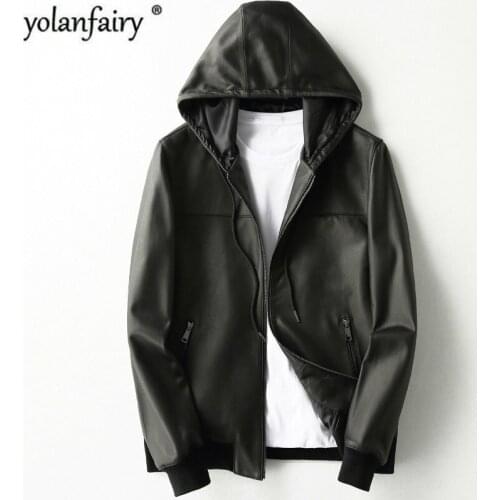 Real Sheepskin Coat Hooded Bomber Genuine Leather Jacket Men Motorcycle Leather Jackets Coats Chaqueta Cuero Hombre KFS19M017