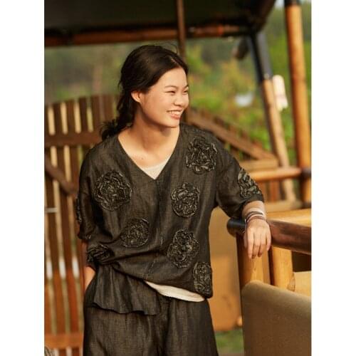 Line and cotton blended three dimensional handmade Camellia thin denim Pullover 0402