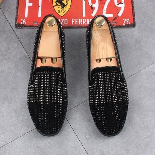 British style mens fashion punk nightclub dress soft leather shoes slip-on smoking slippers rhinestone lazy shoe summer loafers