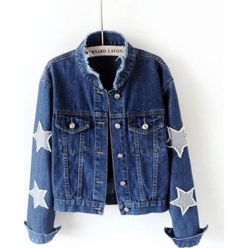 Women Basic Coats Autumn Winter Women beaded wash Denim Jacket Vintage Long Sleeve Slim Female Jeans Coat Casual Girls Outwear