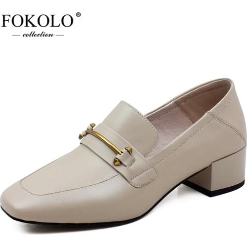 FOKOLO Flat Shoes Women Square Toe Sheepskin Low heel loafers New Spring Autumn Genuine Leather Concise Casual Ladies Shoes P19