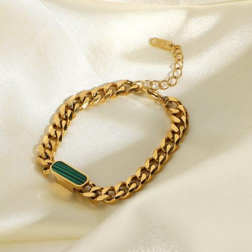 18k Gold Plated Stainless Steel Cuban Chain Malachite Bracelet For Women Minimalist Chunky Bracelet Jewelry Accessories
