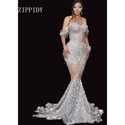 Flashing Silver Sequins Rhinestones White Fringes Dress Womens Birthday Prom Celebrate Outfit Bar Evening Women Dancer Dress
