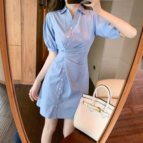 Designed blue women shirt dress pleated elegant Single-breasted slim fit temperament summer short Lantern sleeve a-line dress
