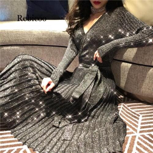 Spring New Knitting Long Sleeve Dress Women Elegant V Neck With Belt Bodycon Winter Dress Sexy Clubwear Vestidos