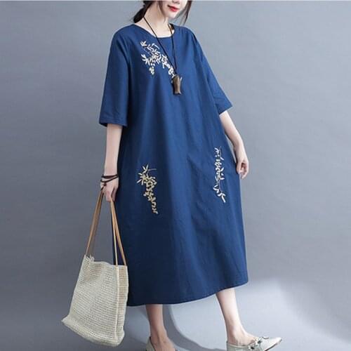 2021 New Arrival Fashion Women Summer Dress Linen Cotton Embroidery Floral Loose Vintage Dress Plus Size Women Casual Long Dress
