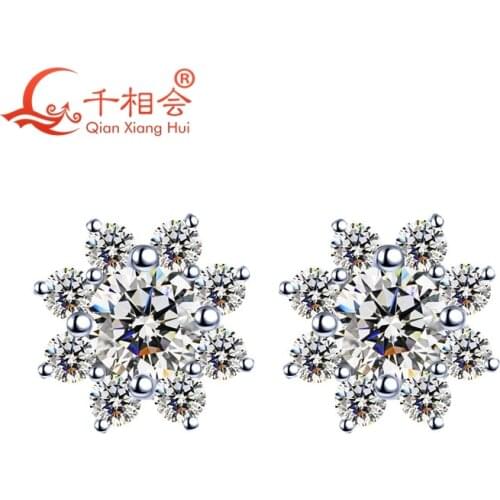 White color 925 silver flowers 5.75mm with 2.5mm round shape cubic zirocnia stone ear stud Earings