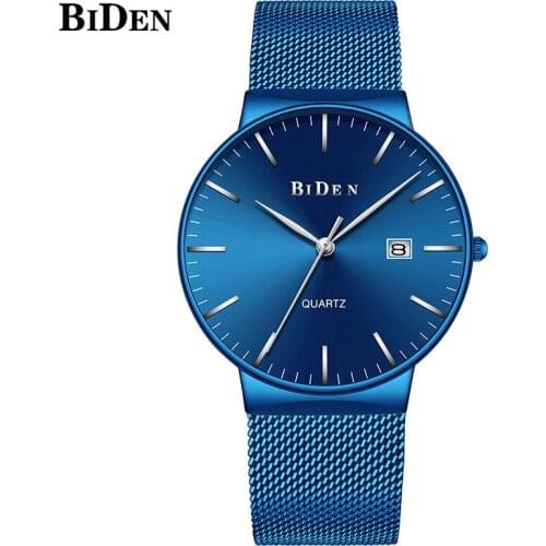 BIDEN Men Quartz Watch Japan Movt Waterproof Calendar Wristwatch For Male Business Simple Watches Steel Mesh Band montre homme