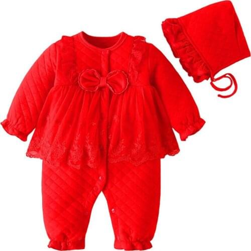 Newborn childrens Baby Kids one-piece cotton padded clothes girls red climbing suit + Hat