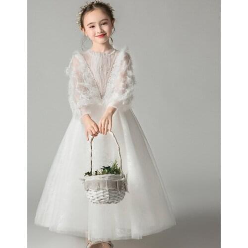 Childrens Dress Princess Dress Flower Girl White Fluffy Yarn Long-sleeved Dinner Girl Birthday Noble Catwalk Costume Summer