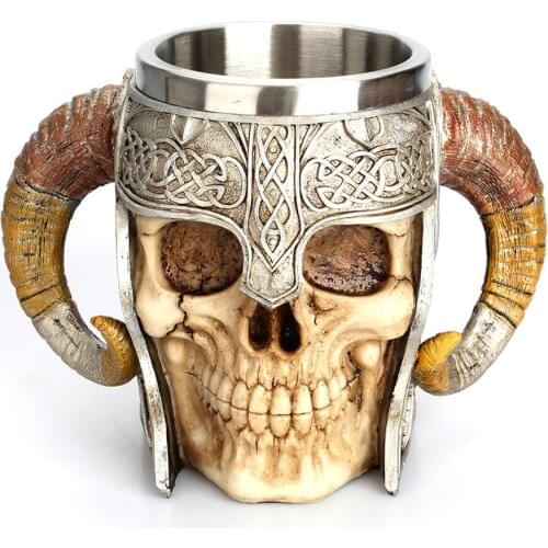 Double Stainless Steel Skull Mug Beer Stein Tankard Coffee Mug Tea Water Cup Knight Helmet Halloween Bar Drinkware Gift