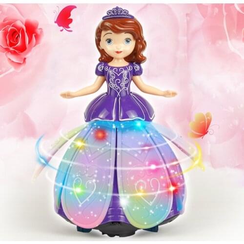 The princess doll childrens toy displays a gift of an electric spinning dancing robot, projected light music and girl pendants