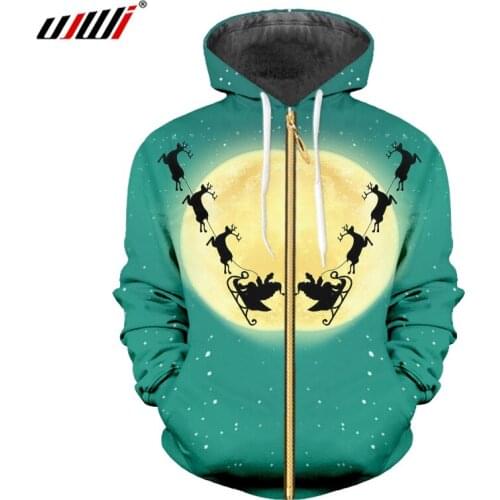 UJWI Man New 3D Printed Santa Claus And Elk Christmas Round Moon Landscape Clothing Best Selling Spandex Zip Hoodies
