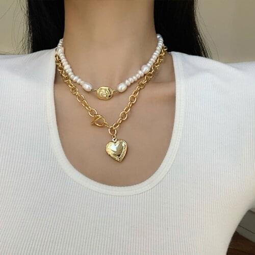 Brass With 18K Fresh water Pearl Heart Choker Necklace Women Jewelry Runway T Show Party Designer Gown Top Ins Japan Korean