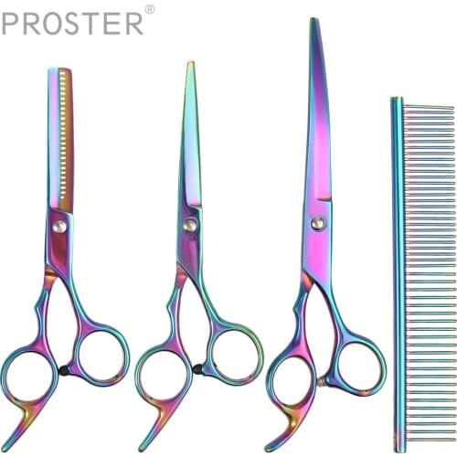 Proster 4 pcs For Dog Grooming Cutting Thinning Curved Shears Comb Kit Pet Hair Scissors Set Straight Scissors