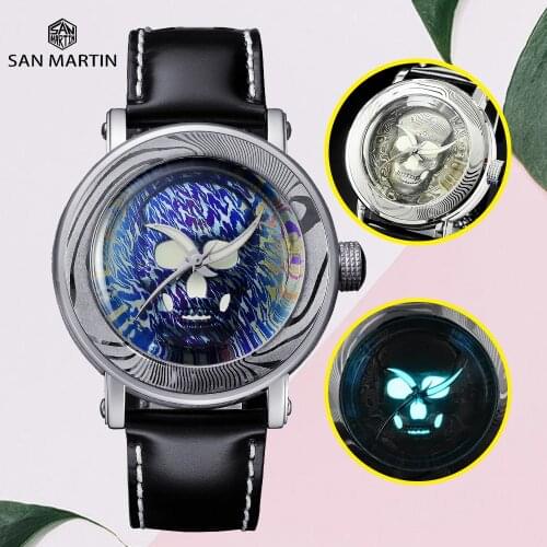 San Martin Diver SW200 Men Automatic Mechanical Watch Skeleton Case Back Leather Luminous Luxury Limited Skull Damascus Steel