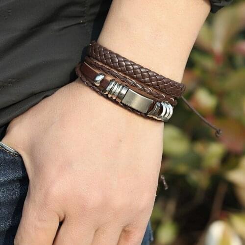 Charm 5 Pcs/set Rope Ethnic Style Weave Metal Square Leather Bracelet Men Women Bangles Homme Femme Male Jewellery Pulseras