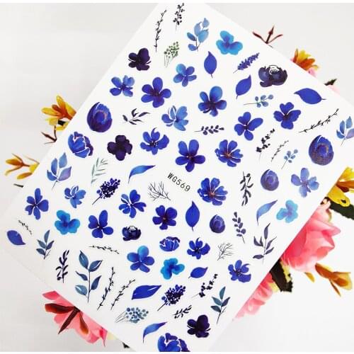Blue Watercolor Flowers 3D Stickers for Nails Rose Self Adhesive Nail Art Decoraciones Foil Sliders Design Manicure Accesorios