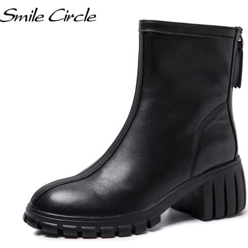Smile Circle Ankle Boots women Cow Leather motorcycle Boots Casual High heels Back zipper Short Boots Ladies Shoes 2021