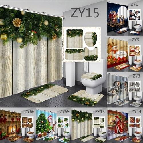 Bathroom Shower Curtain Set Christmas Theme Waterproof Santa Claus Christmas Tree Snowman Fireplace Pattern Mat Home Decoration