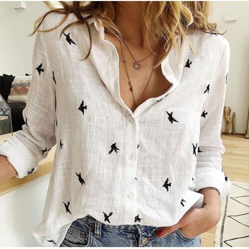 Womens Birds Print Shirts 35% Cotton Long Sleeve Female Tops 2020 Spring Summer Loose Casual Office Ladies Shirt Plus Size 5XL