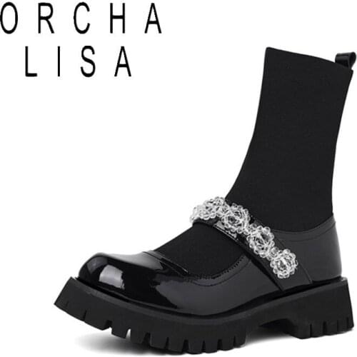 2021 Women sock Boots Genuine Leather Ankle Boots Mary Janes Shoes Crystal Flat Heels Spring autumn