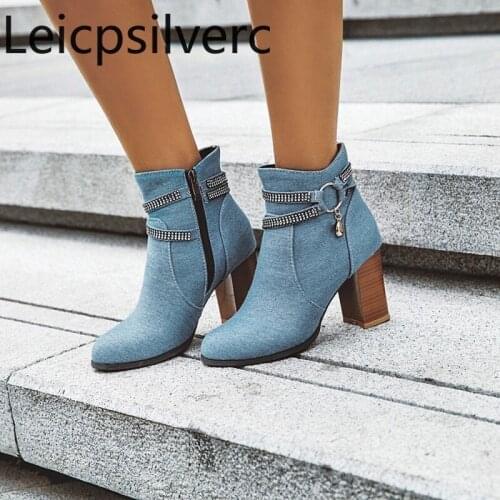 Womens Boots The New Autumn And Winter Round head fashion zipper Crystal High heel Short tube Womens shoes plus size 34-48