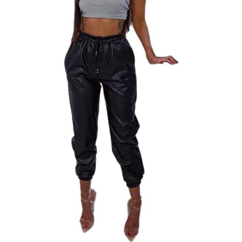 Womens Pants Spring Autumn Fashion Leather Sweatpants Casual High Waist Solid Color Drawstring Tapered Pants With Pockets