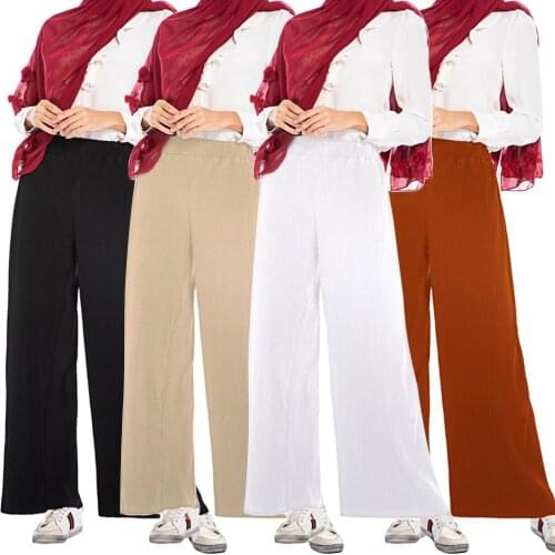 Women Elastic Pleated Palazzo Plain Wide Leg Pants Leggings Baggy Loose Trousers Muslim Bottoms Islamic Arab Autumn 2019 Fashion