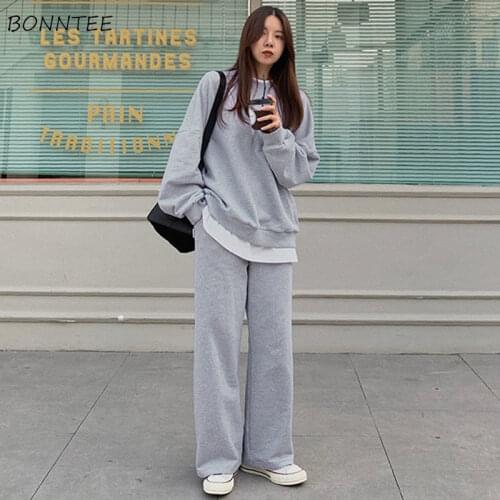 Women Sets Autumn Thicken Fake 2 Piece O-neck Oversize Tops High Waist Wide Leg Full Length Casual Pants Chic Korean Style Ins