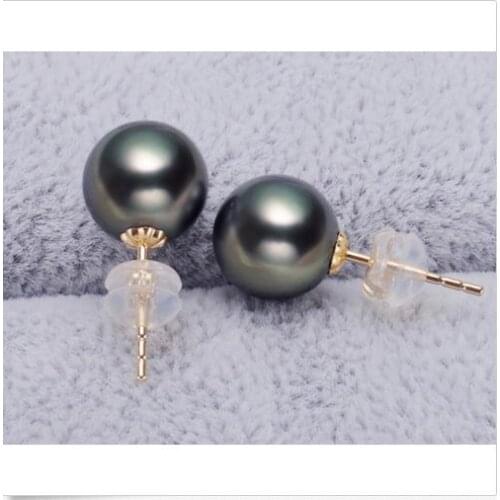 Stunning10-11mm tahitian black green pearl earring 14k white gold