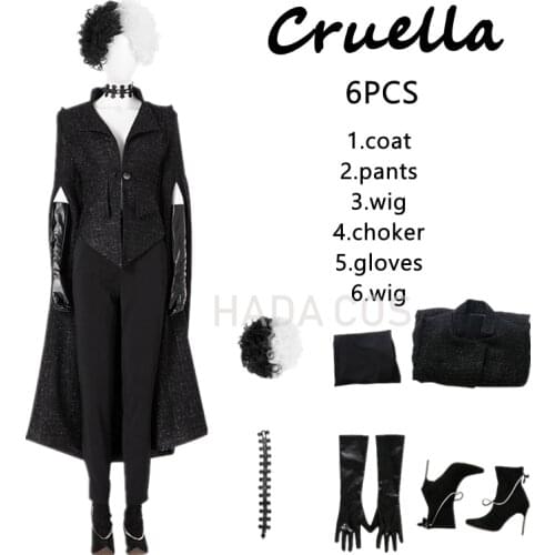 Movie Evil Madame Cruella De Ville Cosplay Costume Women Wig Black Trench Halloween Clothes Shoes High Quality 101 Dalmatians