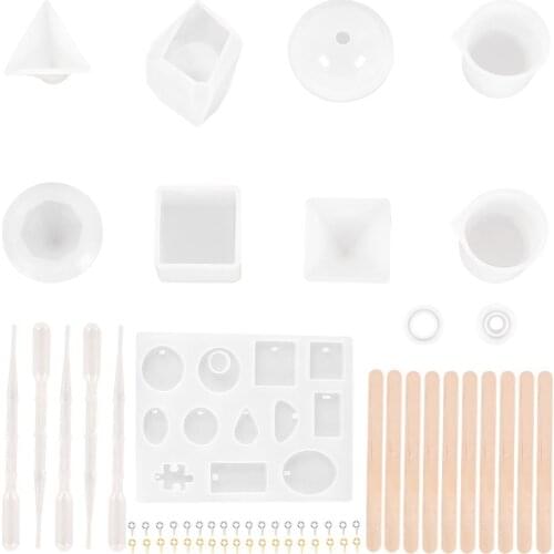 50Pcs Jewelry Pendant Making Tools Set Geometric Silicone Mold Screw Eye Pin Plastic Dropper Wooden Stick for Necklace Earring