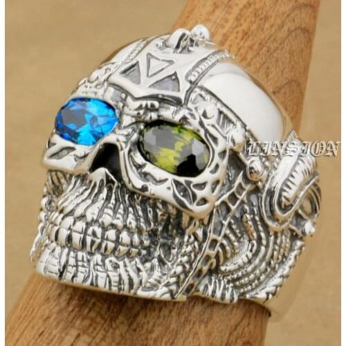 925 Sterling Silver Blue + Green CZ Eyes Gothic Tattoo Skull Mens Boys Biker Rock Punk Ring 9G405 US Size 7 to 14