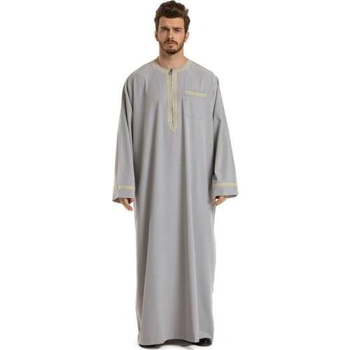 Abaya Robe Jubba Kaftan Men Islamic Clothing 3XL Muslim Round Neck Robe Arab White Gray Long Sleeve Kaftan Ropa Arabe Hombre 2XL