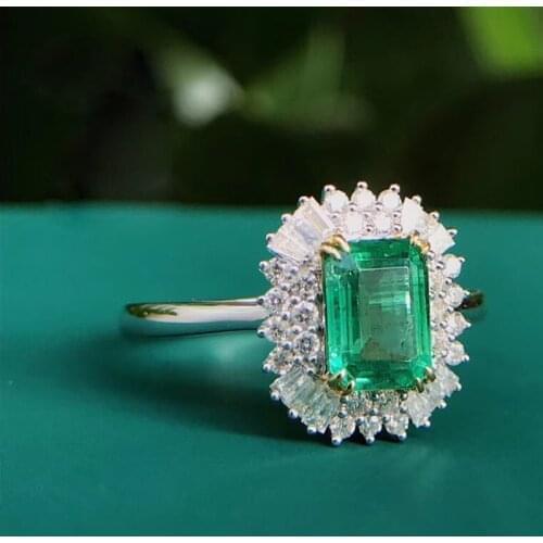 AEAW Jewelry 18K White Gold 1.0ct Natural Emerald Ring Emerald Cut Green Gemstone Diamond Ring Women Jewelry