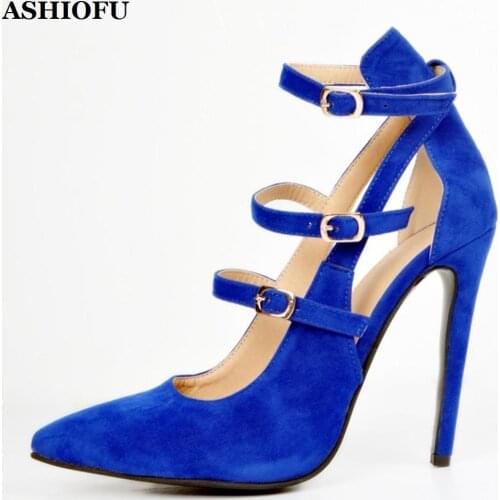 ASHIOFU Handmade Ladies Stiletto High Heel Pumps Faux-suede Party Office Dress Shoes Buckle Strap Evening Fashion Court Shoes