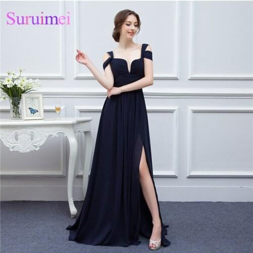 Bariano Ocean Of Elegance Navy Blue Low Cut High Slit Chiffon Semi Formal Long Evening Dress Women Gown Free Shipping WL214