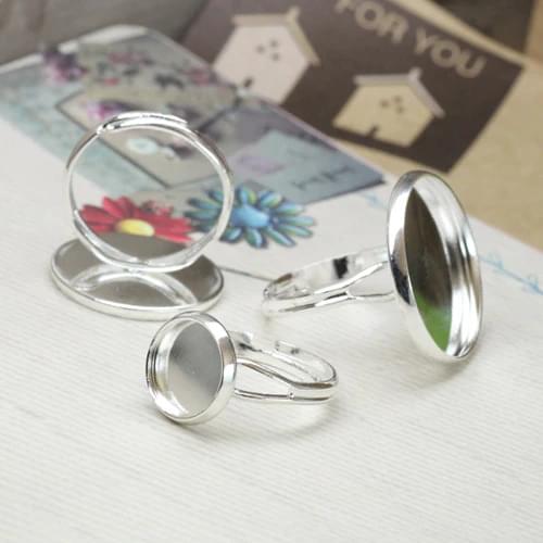 Free shipping 100Pcs 16mm Silver plated bezel ring blanks with a cutout band, lead, Adjustable backs with glass globe, finding